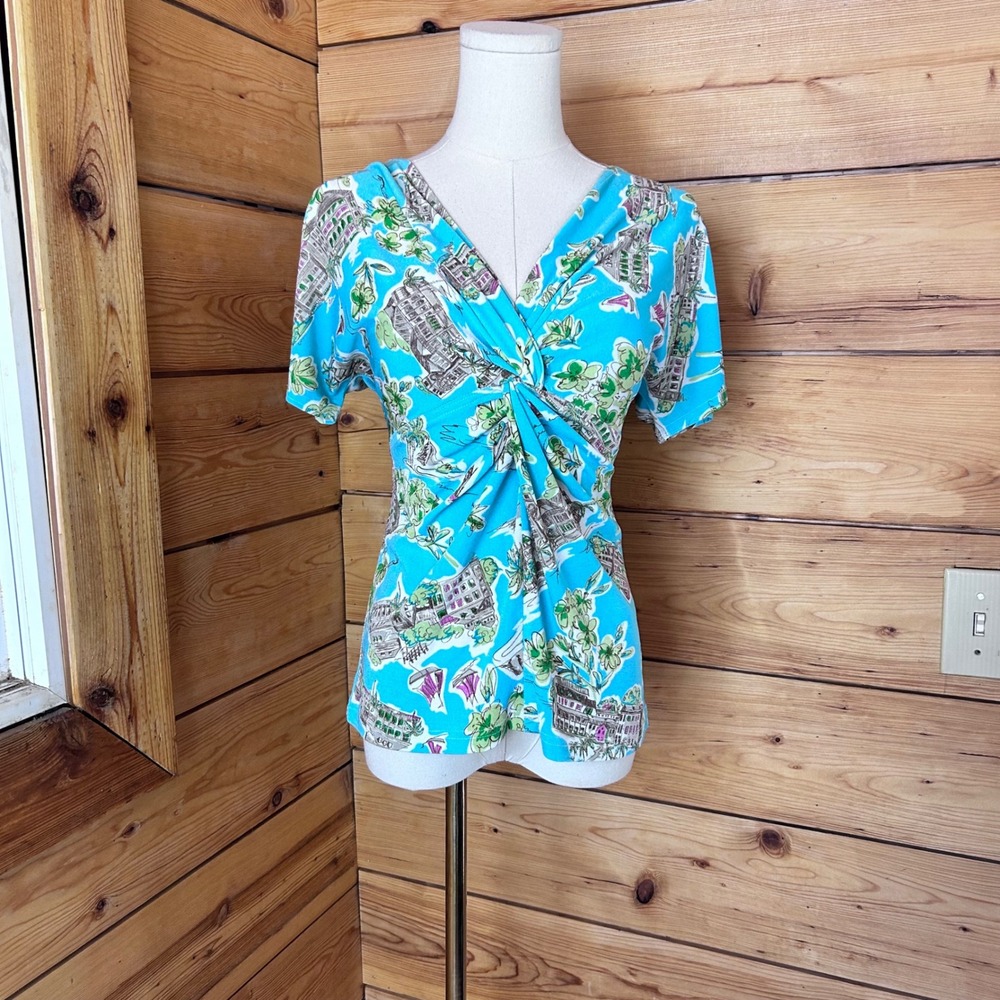Twist Front Architecture Print Top Women Small Turquoise 90s Indie Sleaze Artex